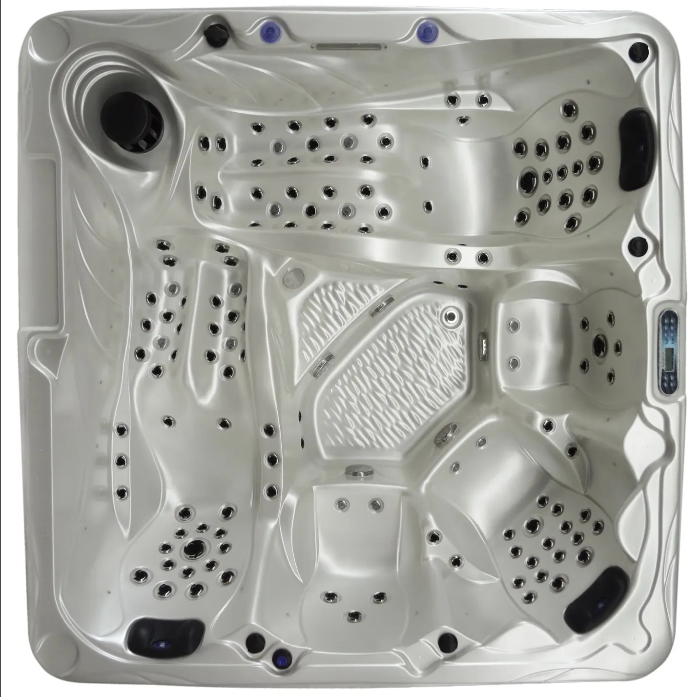 Cadă cu hidromasaj New Maximus DELUXE, de formă pătrată, cu interior din acril de culoare deschisă, dotată cu mai multe jeturi de hidromasaj, concepută pentru 4-5 persoane, având un design modern și un sistem de control pe lateral.