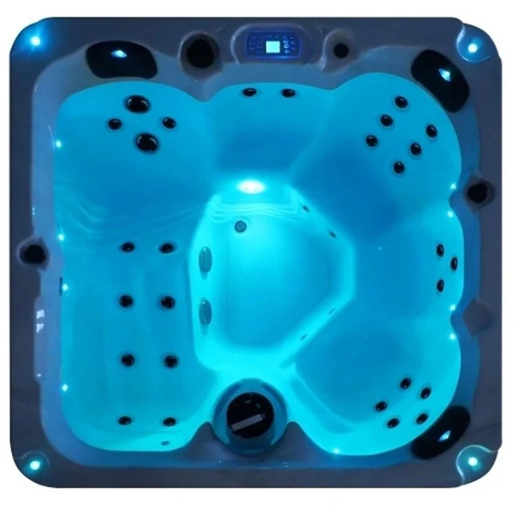 Cadă cu hidromasaj Aurora pentru 5 persoane, cu un design pătrat, culoare acrilică albastră, dotată cu jeturi negre și iluminare LED ambientală, situată pe un fundal neutru.