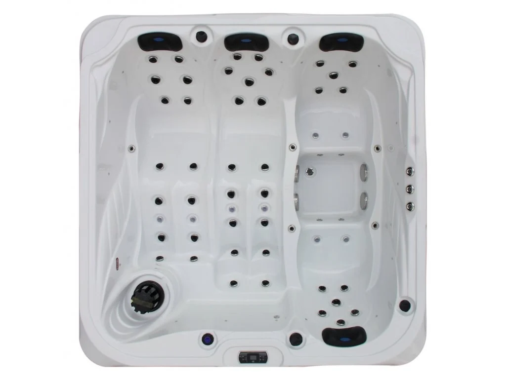 Cadă cu hidromasaj SPRING 210×210×92 cm, de formă pătrată, cu interior alb din acril, dotată cu numeroase jeturi de masaj, concepută pentru 4-5 persoane, având un design modern și elegant.