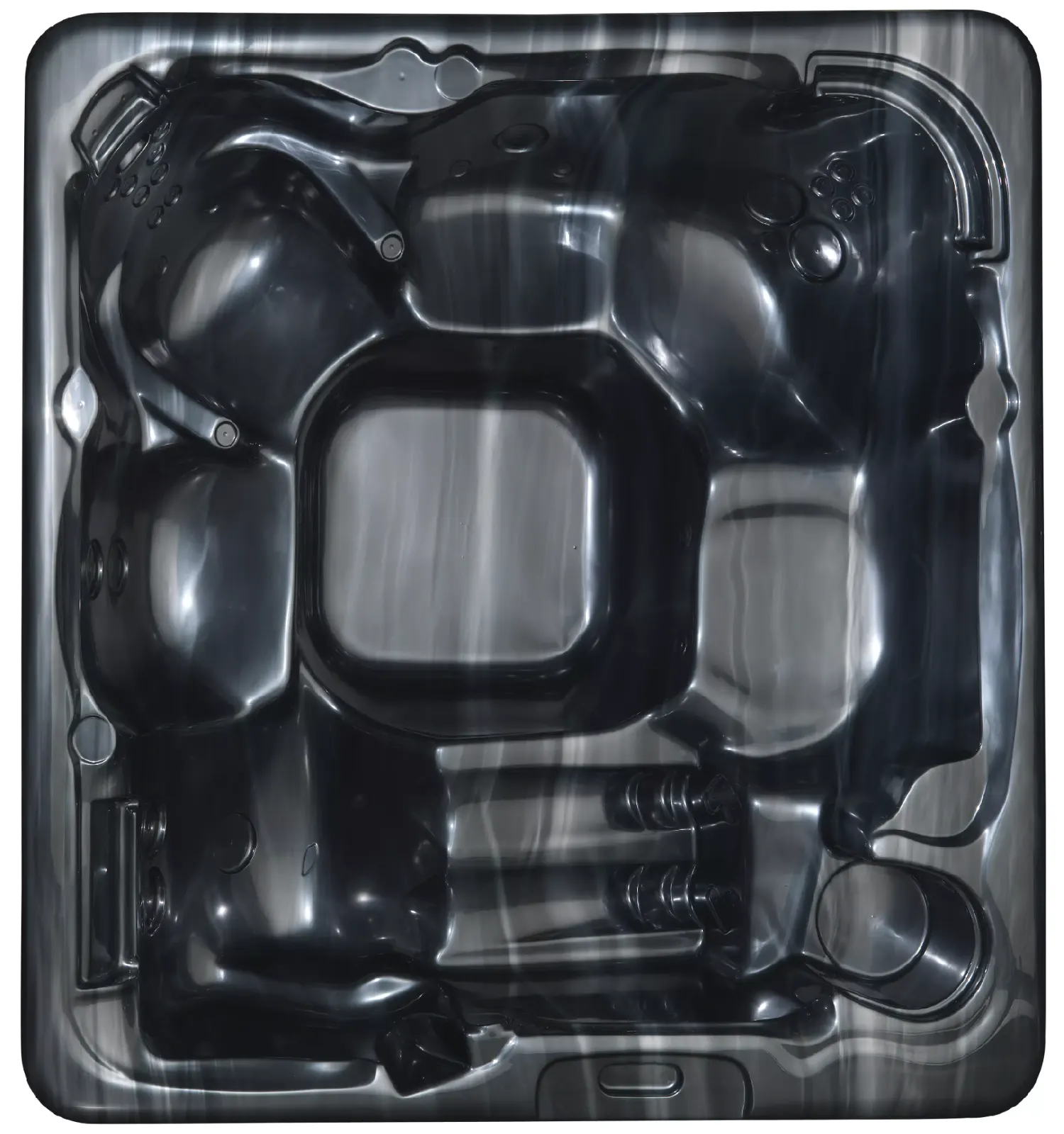 Cadă cu hidromasaj MONAKO 230×215×97 cm, de culoare antracit, cu un design modern și suprafață lucioasă, având un spațiu central pătrat și colțuri rotunjite, destinată pentru 6 persoane, cu mai multe jeturi de masaj vizibile pe laturi.