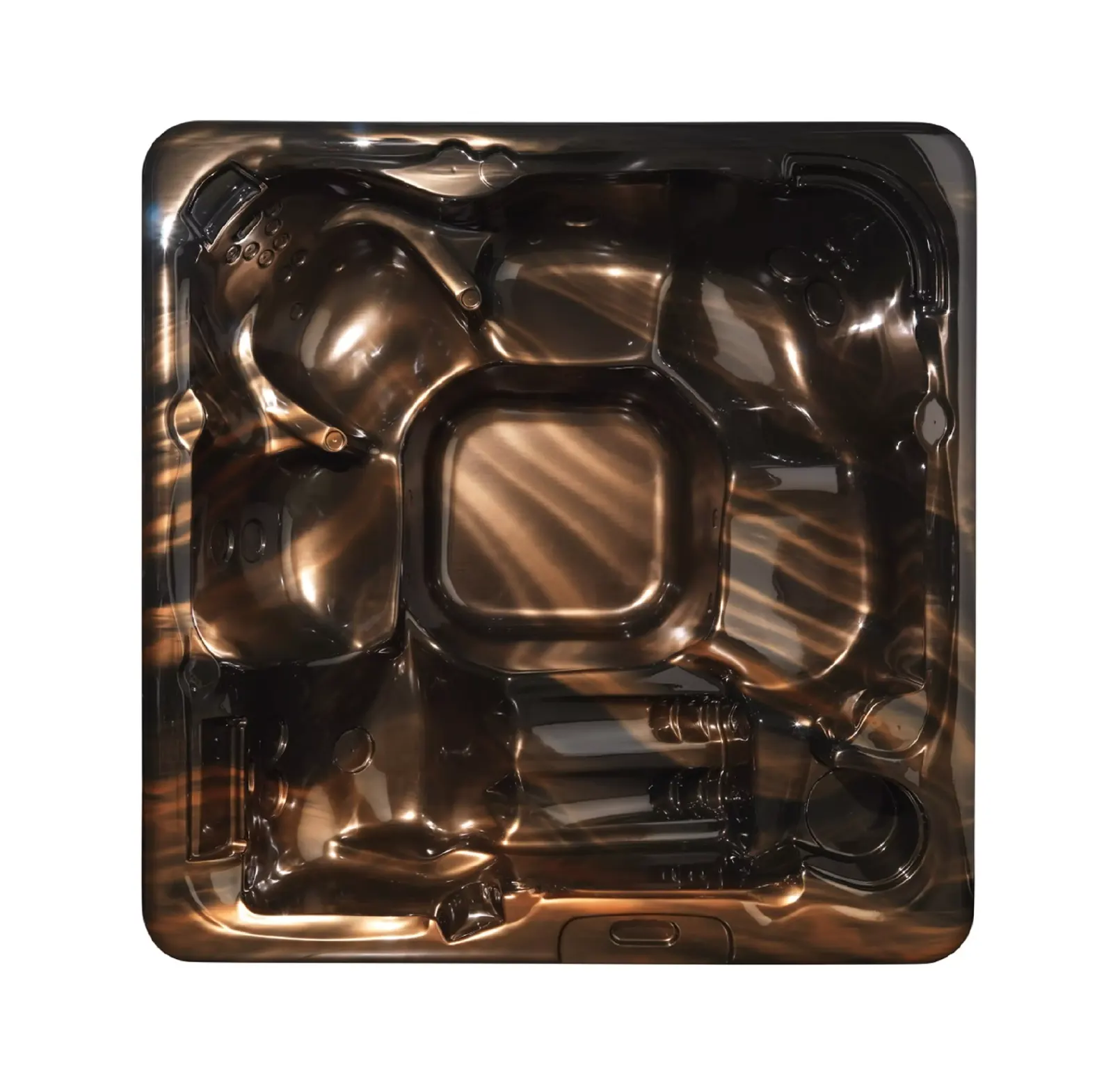 Cadă cu hidromasaj MONAKO 230×215×97 cm, de culoare antracit, cu un design elegant și suprafață lucioasă, având un interior cu forme ergonomice pentru 6 persoane, evidențiată de reflexiile luminii.