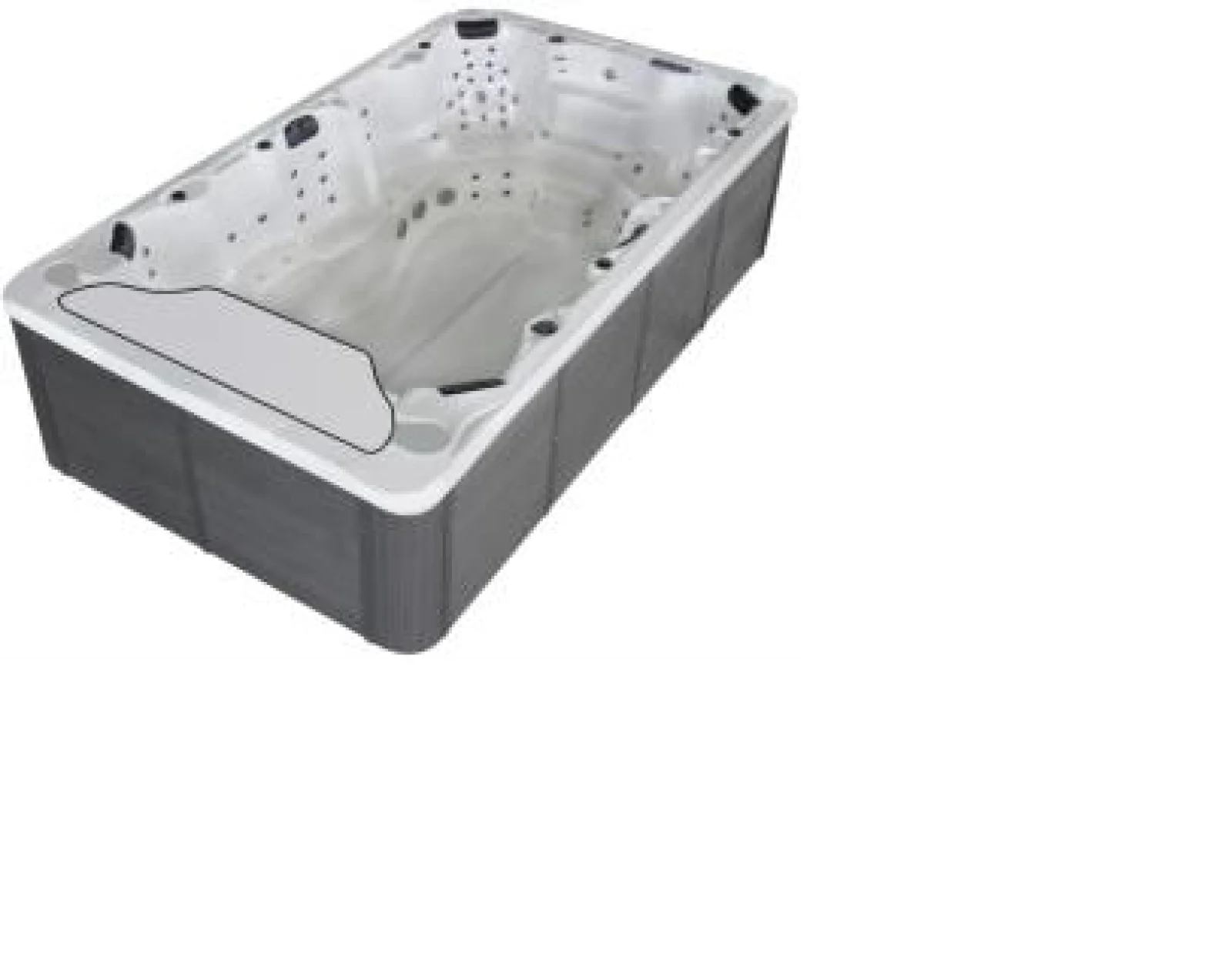Cadă cu hidromasaj SPRINGS pentru 11 persoane – model Mega Party, de formă rectangulară, cu un design modern, realizată din acril, având un interior alb perlat și un exterior de culoare antracit, cu 11 locuri și multiple jeturi de masaj.