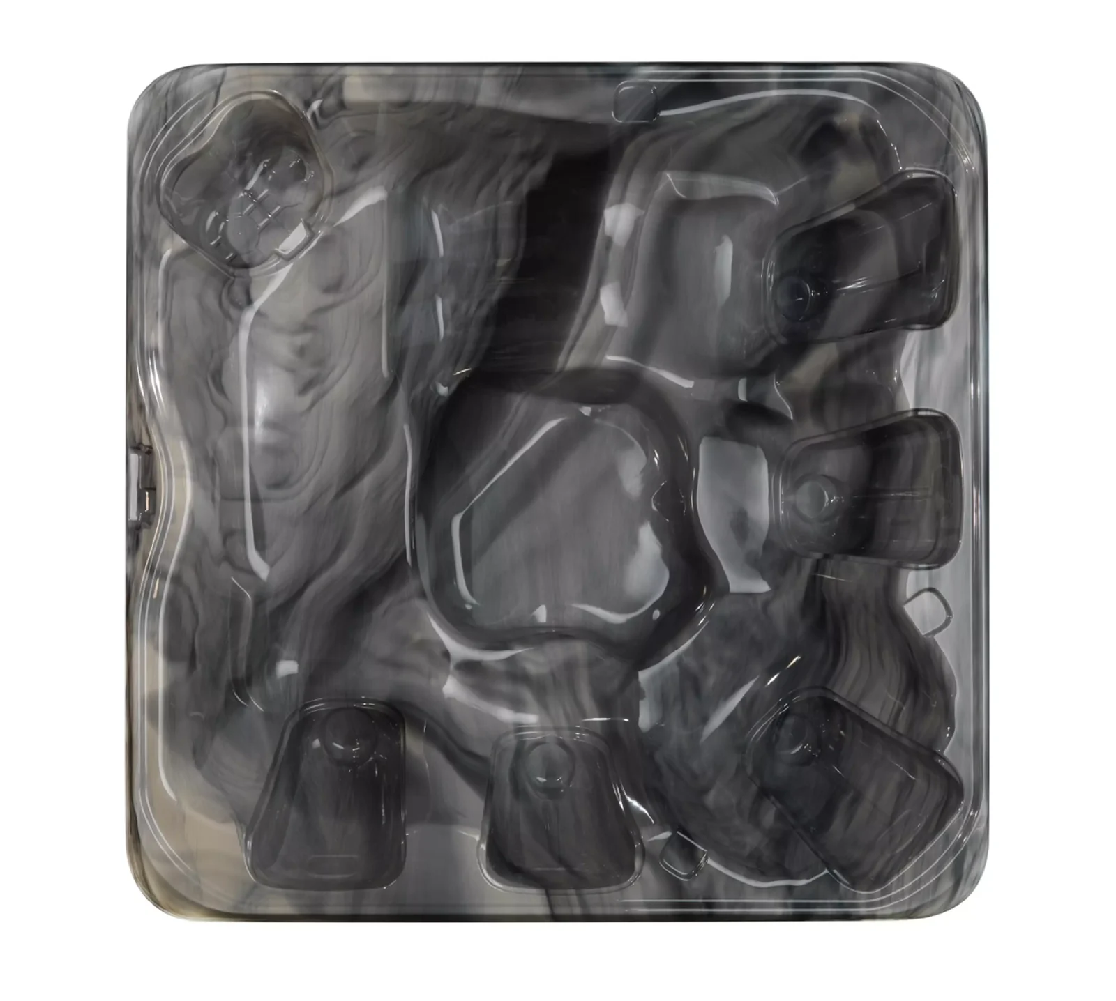 Cada cu hidromasaj BIGG 230×230×98 cm, de culoare antracit, cu un design modern și suprafață netedă, având șapte locuri pentru relaxare, cu un aspect lucios și detalii curbe.