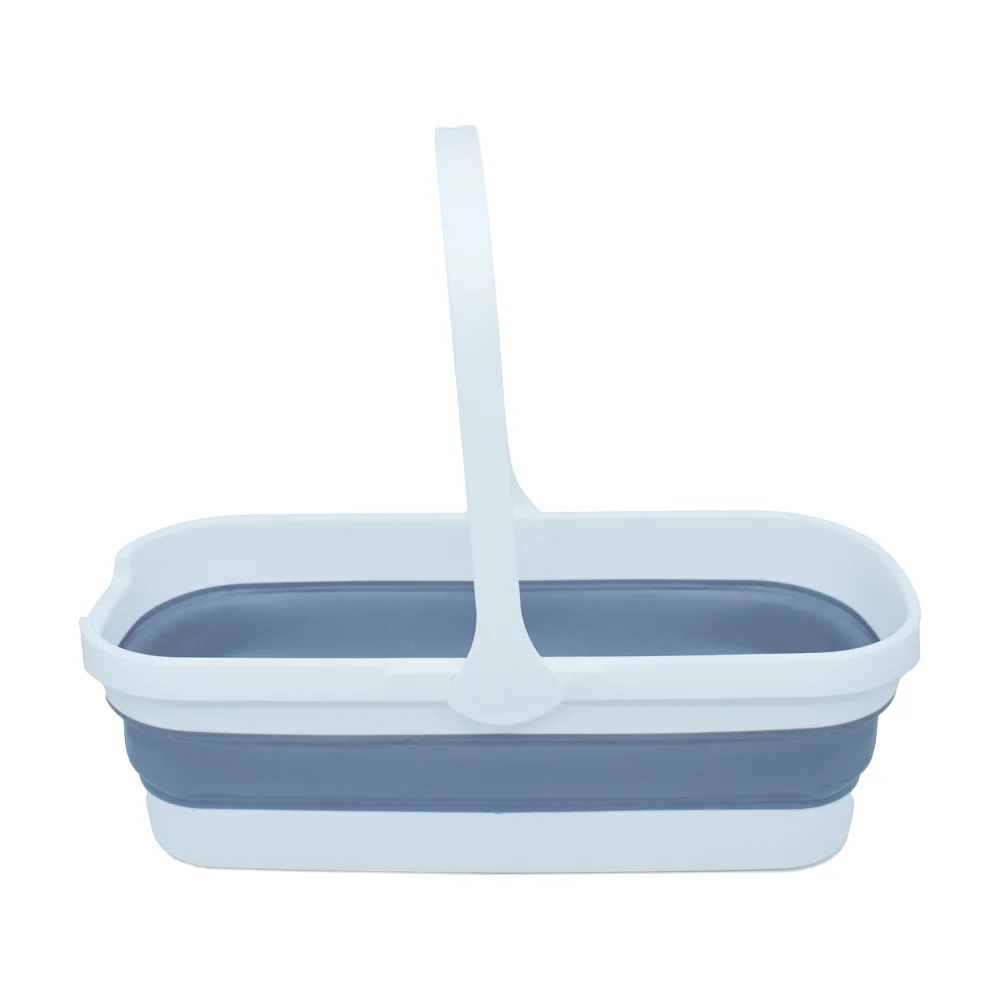 Recipient pentru curățarea filtrelor, de formă rectangulară, cu un mâner alb și un corp pliabil în nuanțe de gri și alb, realizat din material plastic, ideal pentru curățarea filtrelor de jacuzzi.
