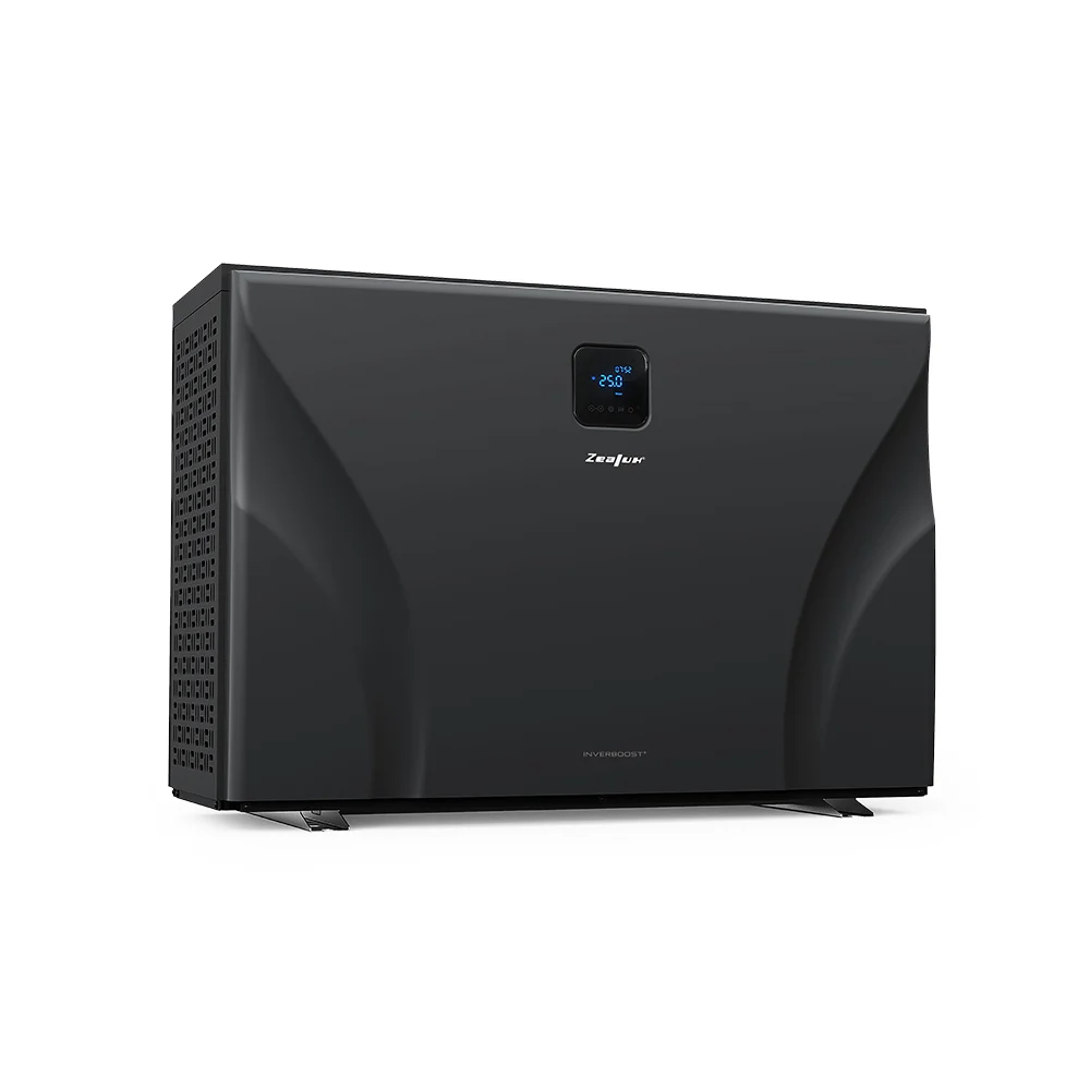 Pompă de căldură ZEALUX de culoare neagră, cu un design modern, având un display digital în partea superioară care indică temperatura, și grile de ventilație pe laterale.