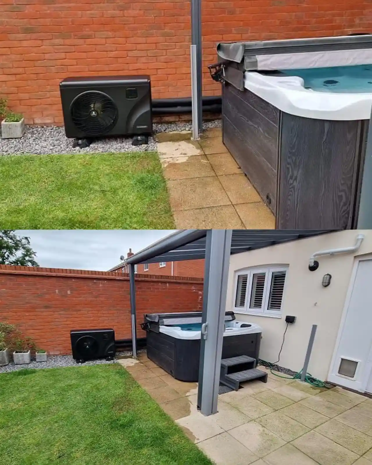 Pompă de căldură ZEALUX pentru jacuzzi, de culoare neagră, amplasată lângă un jacuzzi cu margini albe, pe o suprafață de gresie și iarbă, cu un perete de cărămidă roșie în fundal.