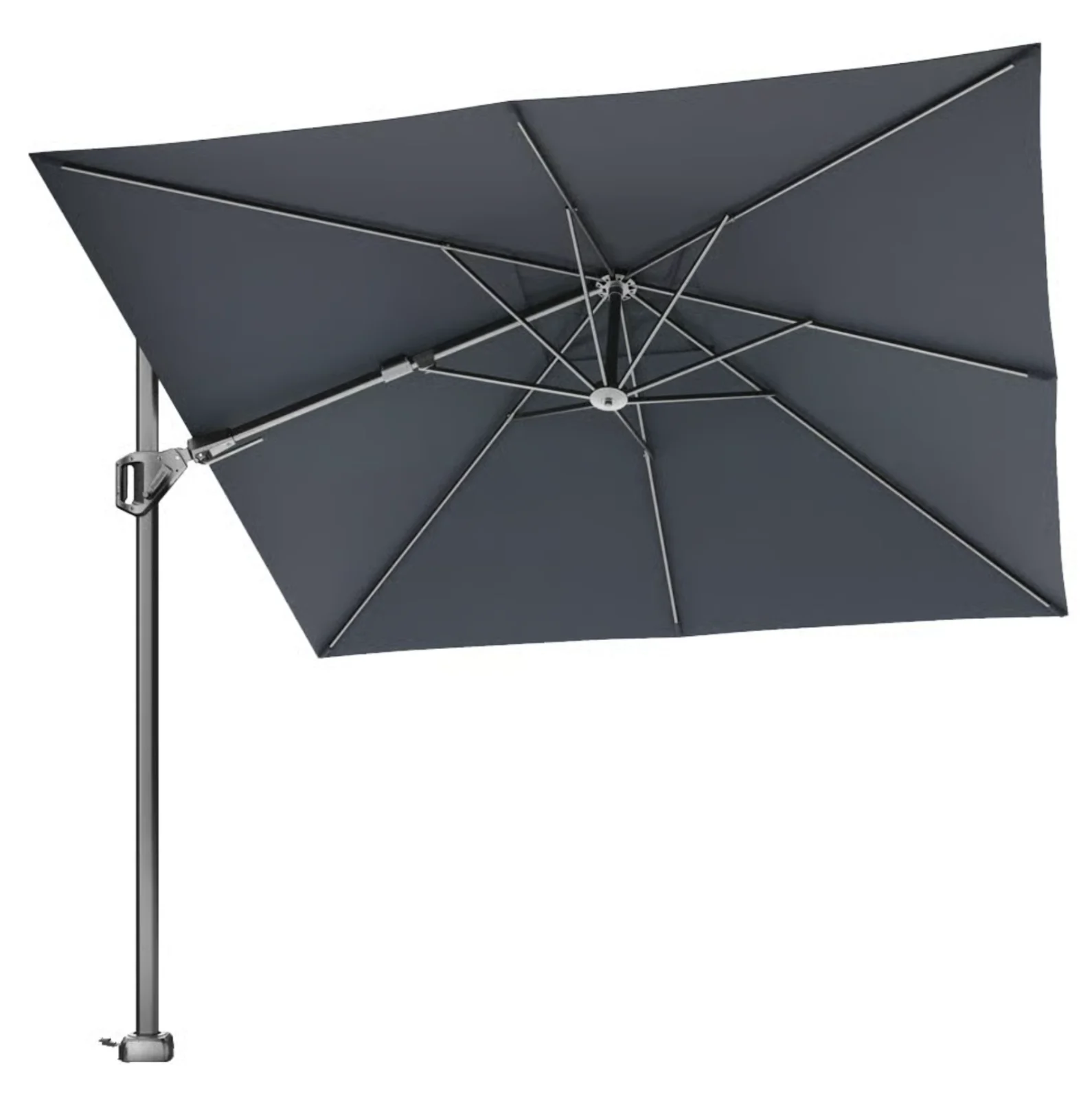 Umbrelă consolă Platinum 270×270 cm de culoare antracit, cu un cadru metalic argintiu, având o formă pătrată și un design elegant, montată pe un stâlp vertical, ideală pentru protecție împotriva soarelui.