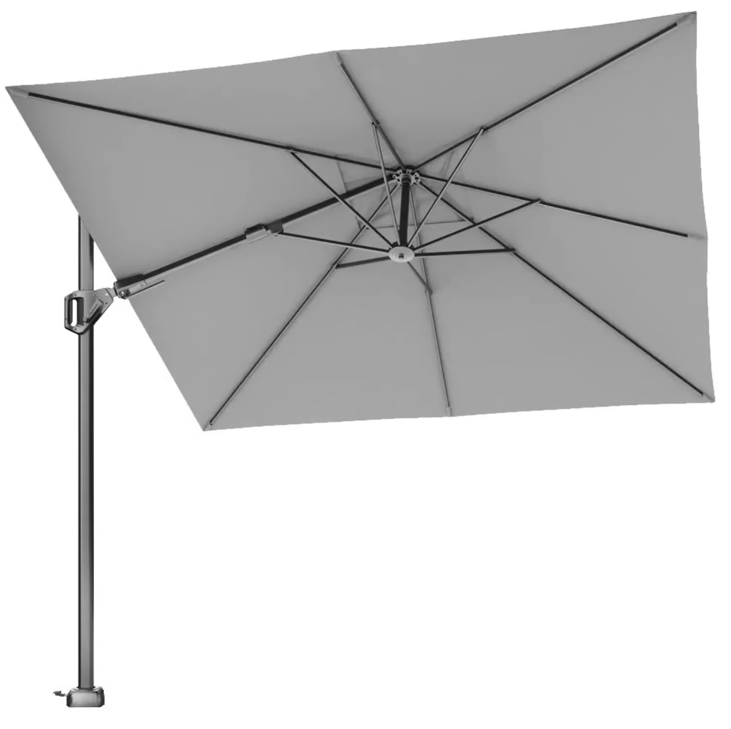 Umbrela consolă Platinum 270×270 cm are un design pătrat, cu o structură din metal de culoare antracit și o țesătură gri, fiind suspendată de un suport lateral.