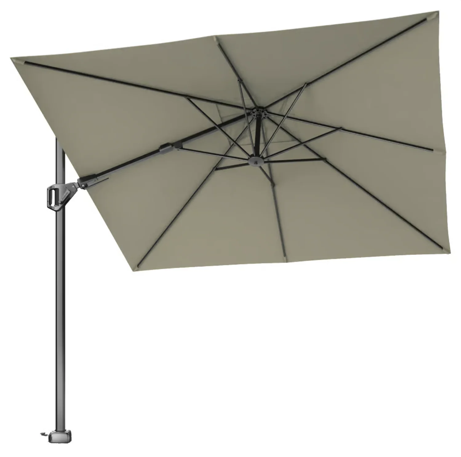 Umbrela consolă Platinum 270×270 cm are un design modern, cu o structură din metal negru și o pânză de culoare taupe, având o formă pătrată și un sistem de deschidere ușor de reglat.