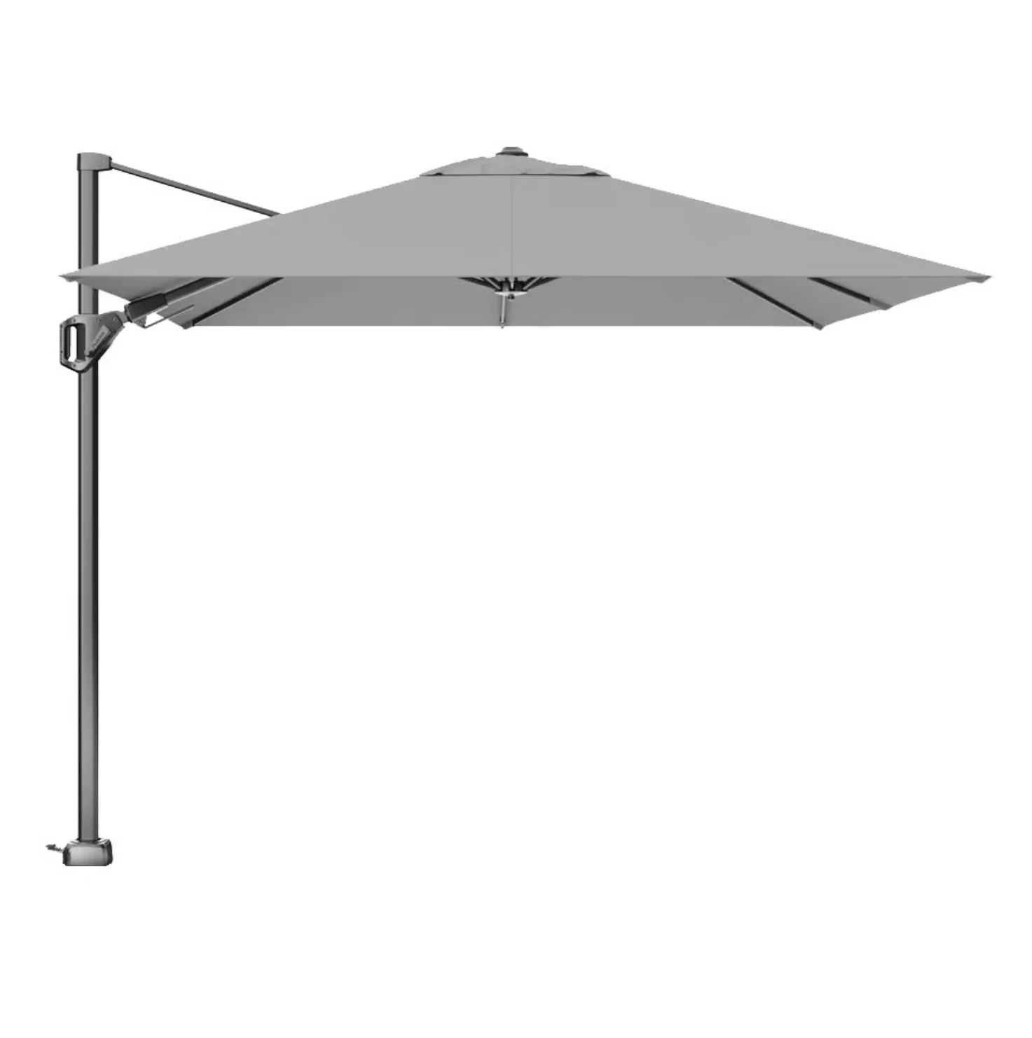 Umbrela consolă Platinum 270×270 cm, de culoare gri, cu un design pătrat și un suport metalic robust, montată pe o bază stabilă, ideală pentru a oferi umbră și protecție în jurul unei căzi cu hidromasaj.