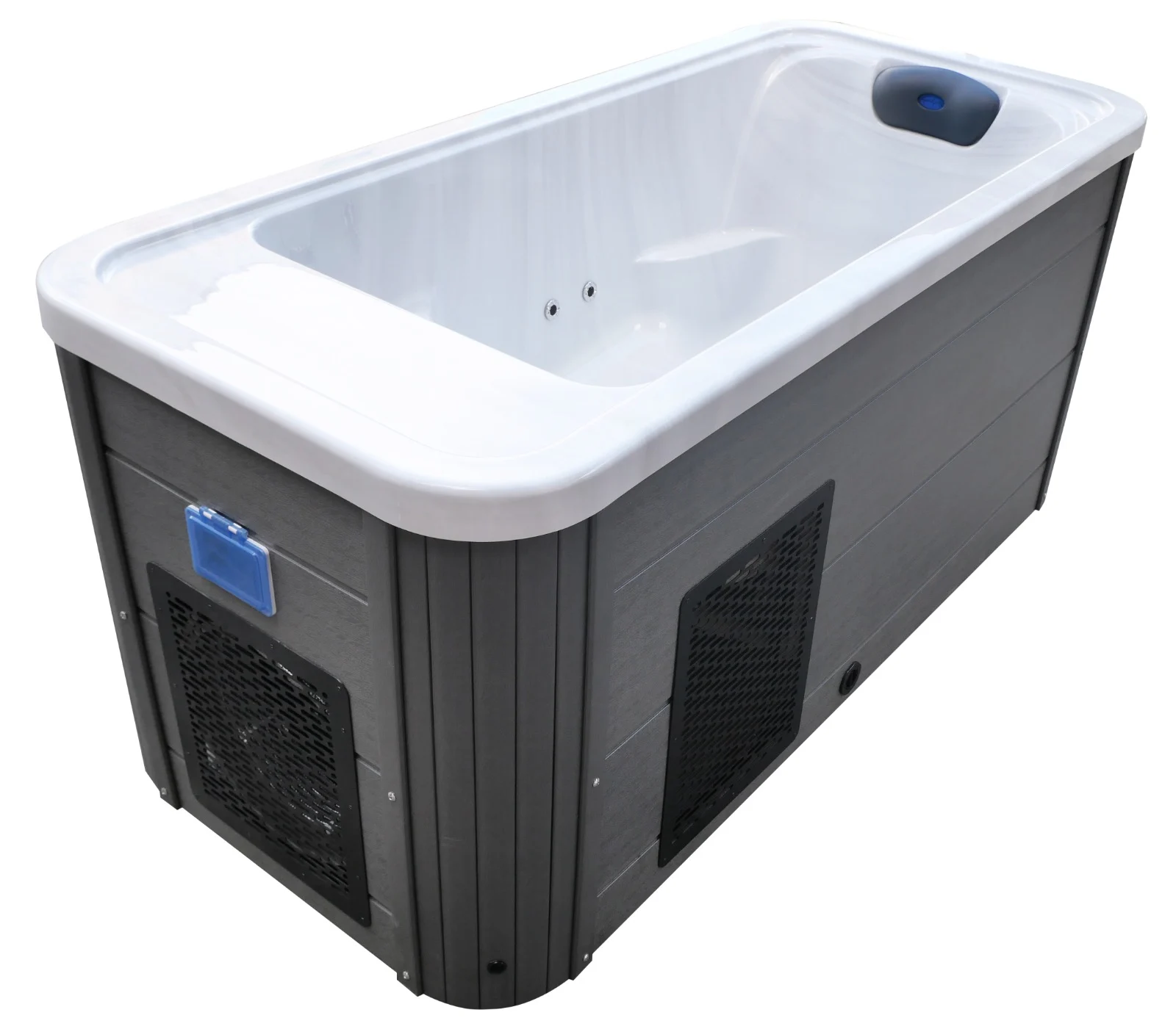 Cadă de răcire cu sistem de răcire, de formă rectangulară, cu margini albe și un corp gri, având două grile de ventilație pe laterale și un panou de control albastru.