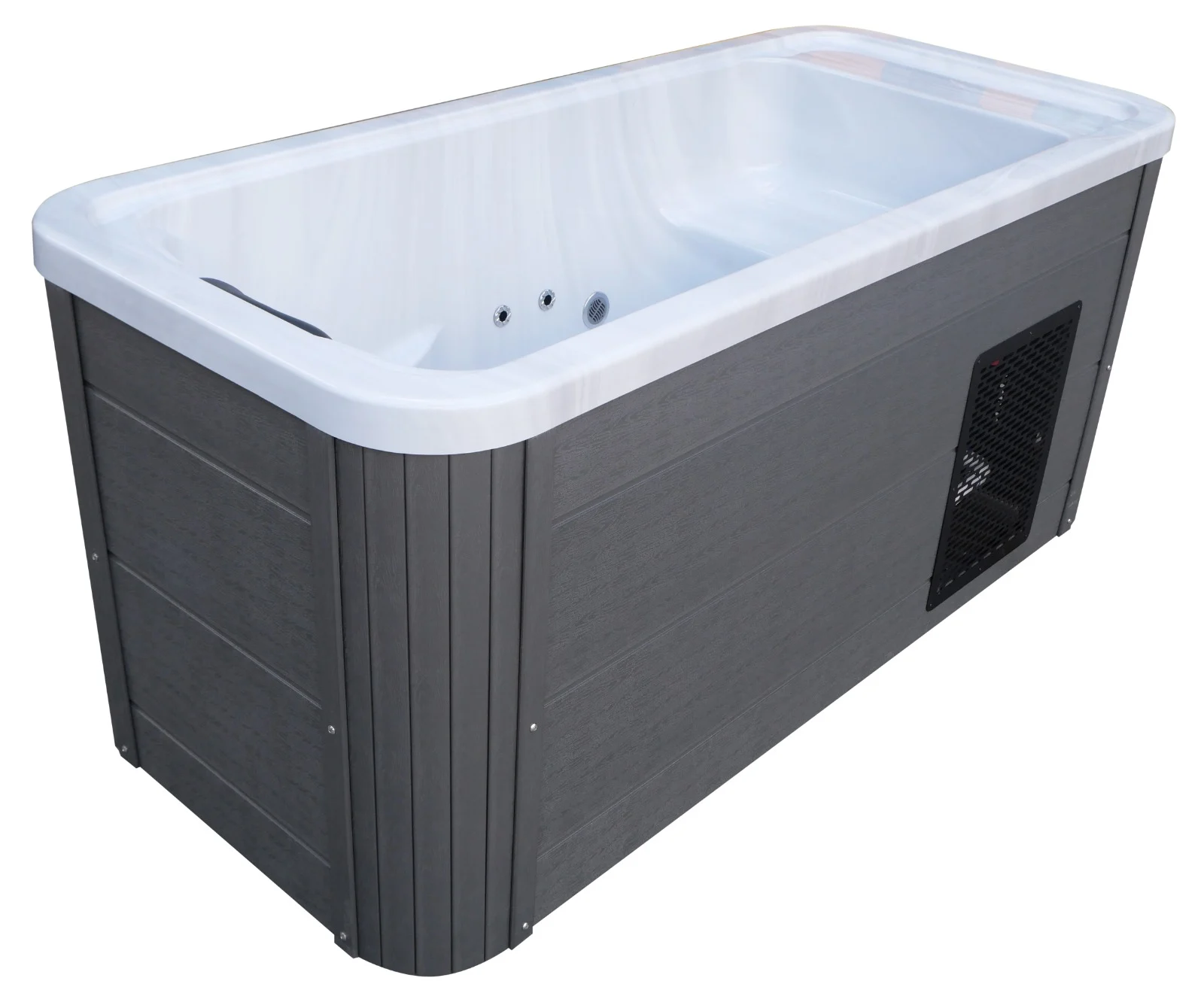 Cadă de răcire cu sistem de răcire, de formă rectangulară, cu un interior alb și un exterior gri, având un design modern și linii curate, dotată cu un sistem de ventilație pe lateral.