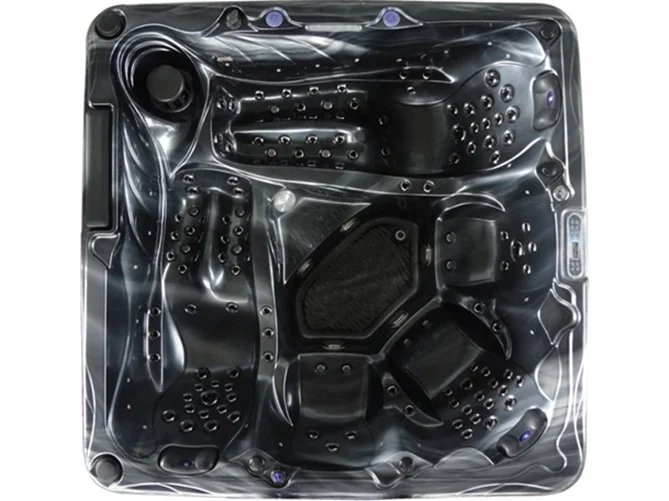 Cadă cu hidromasaj New Maximus, de formă pătrată, cu un finisaj acrilic de culoare închisă, având 136 de jeturi de masaj și capacitate pentru 4-5 persoane, cu un design modern și curbe elegante.