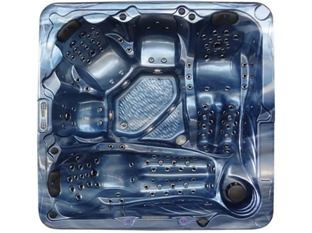 Cadă cu hidromasaj New Maximus, de formă pătrată, cu un finisaj albastru strălucitor, dotată cu 136 de jeturi de masaj, având dimensiuni de 230 × 230 × 97 cm, concepută pentru 4-5 persoane, cu un design modern și elegant.