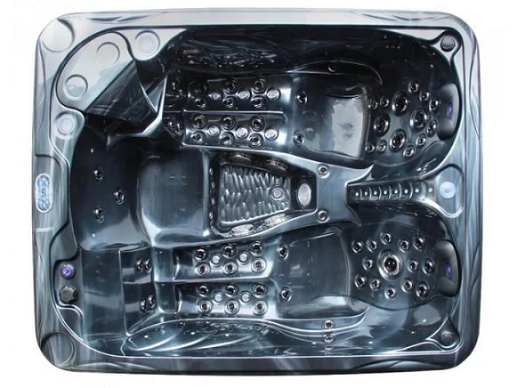Cadă cu hidromasaj PUMA 210×170×90 cm, cu un interior de culoare neagră, dotată cu multiple jeturi de masaj, două șezlonguri ergonomice și un loc de ședere, având un design compact și confortabil.