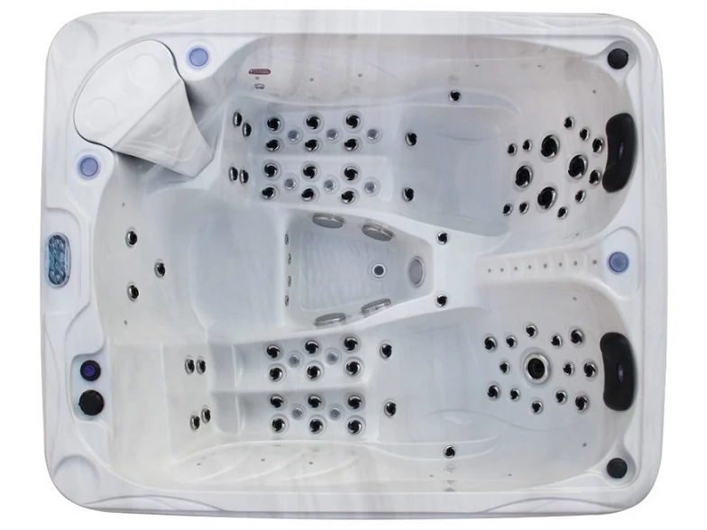 Cadă cu hidromasaj de formă rectangulară, cu un interior alb din acril, dotată cu numeroase jeturi de masaj, având două șezlonguri ergonomice și un loc de ședere, dimensiuni de 210×170×90 cm, potrivită pentru 2-3 persoane.
