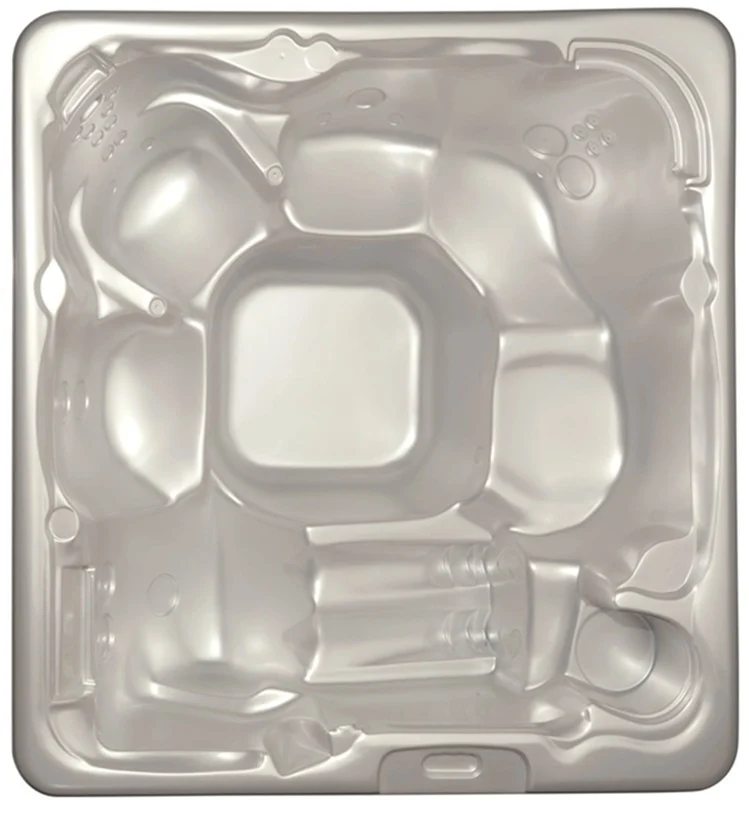 Cadă cu hidromasaj PUMA 210×170×90 cm, de formă pătrată, realizată din acril transparent, cu un design compact, având două șezlonguri și un loc de ședere, ideală pentru 2-3 persoane.