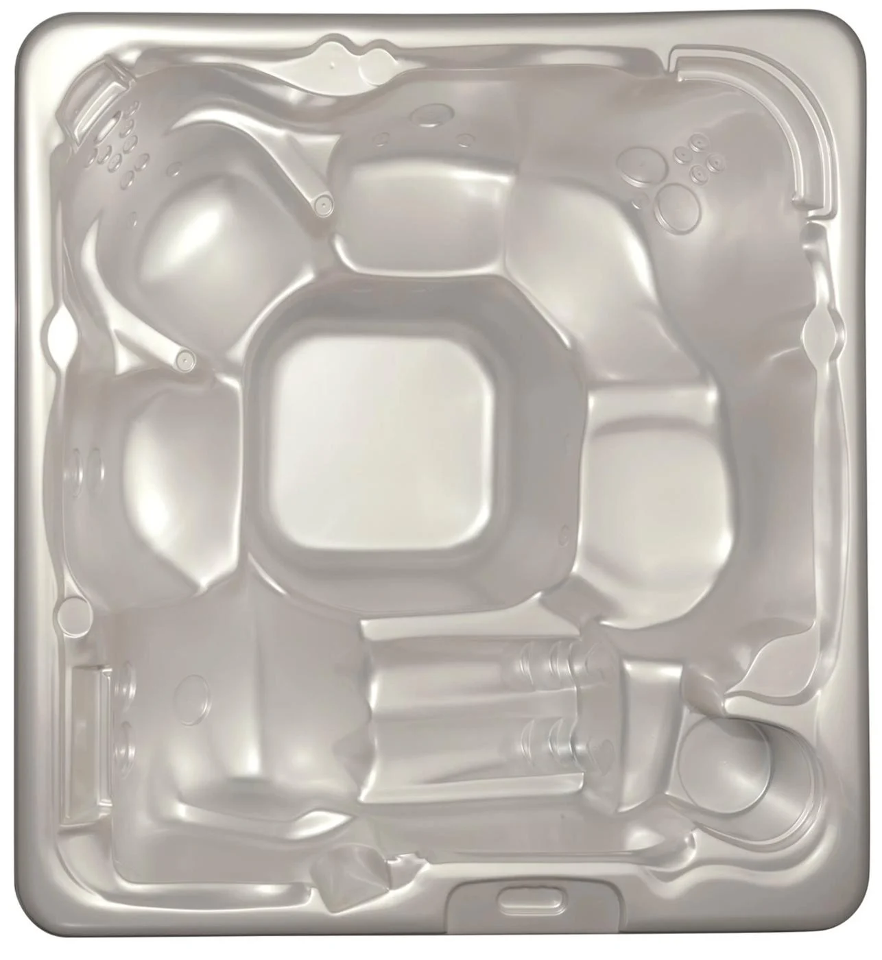 Cadă cu hidromasaj acrilică de formă pătrată, cu un finisaj lucios, având dimensiuni de 220×220×90 cm, destinată pentru 4-5 persoane, cu diverse zone de masaj și un design modern.