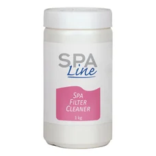 Recipient rotund, de culoare albă, cu capac, etichetat cu text albastru și roz, având un design simplu, destinat curățării filtrelor de spa.