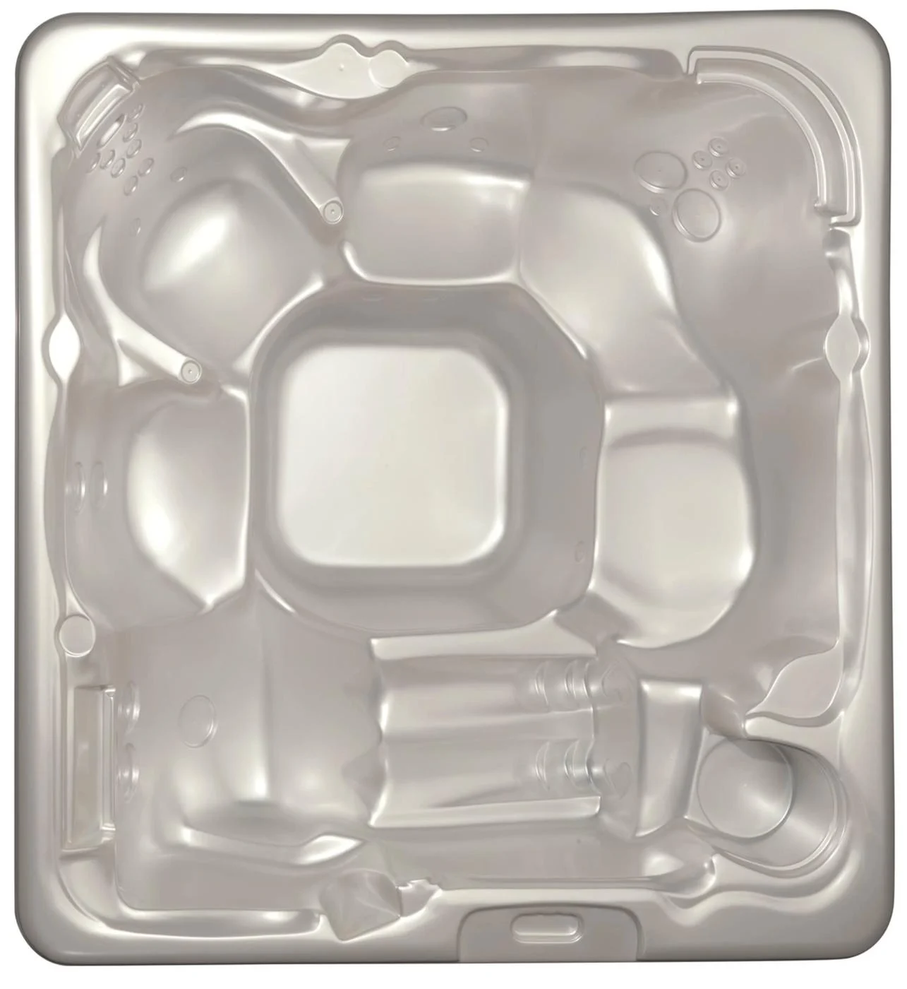 Cadă cu hidromasaj SPLIT 200×200×90 cm, cu un design pătrat și margini rotunjite, fabricată din acril transparent, având un interior cu forme ergonomice pentru 4-5 persoane, fără accesorii vizibile în jur.