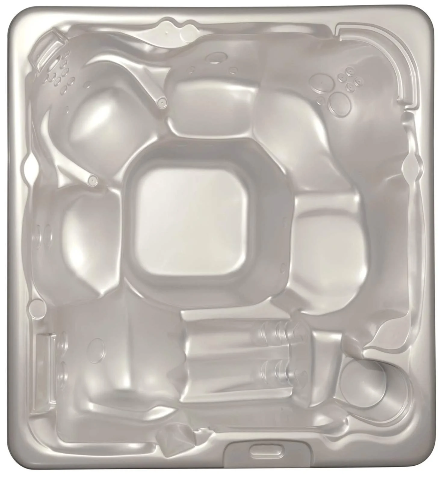 Cadă cu hidromasaj de formă pătrată, transparentă, din acril, cu un interior neted și contururi moi, destinată pentru 4-5 persoane, având un design modern și elegant.