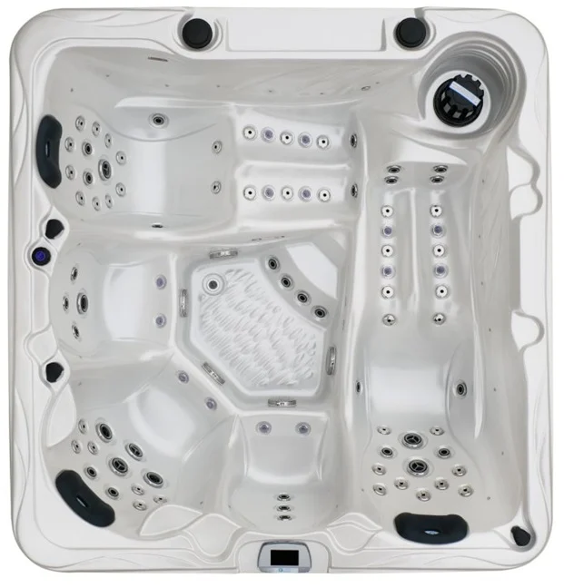 Cadă cu hidromasaj New Maximus LIFE, de formă pătrată, cu interior alb lucios, dotată cu 91 de jeturi de masaj, concepută pentru 4-5 persoane, având dimensiuni de 210 × 200 × 93 cm.