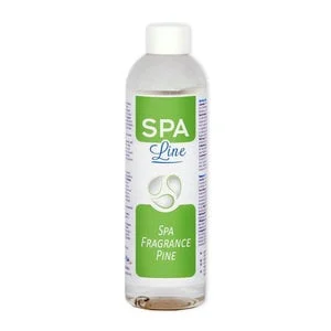 Flacon transparent cu capac alb, etichetă albă și verde, conținând lichid incolor, eticheta indicând aromă de pin.