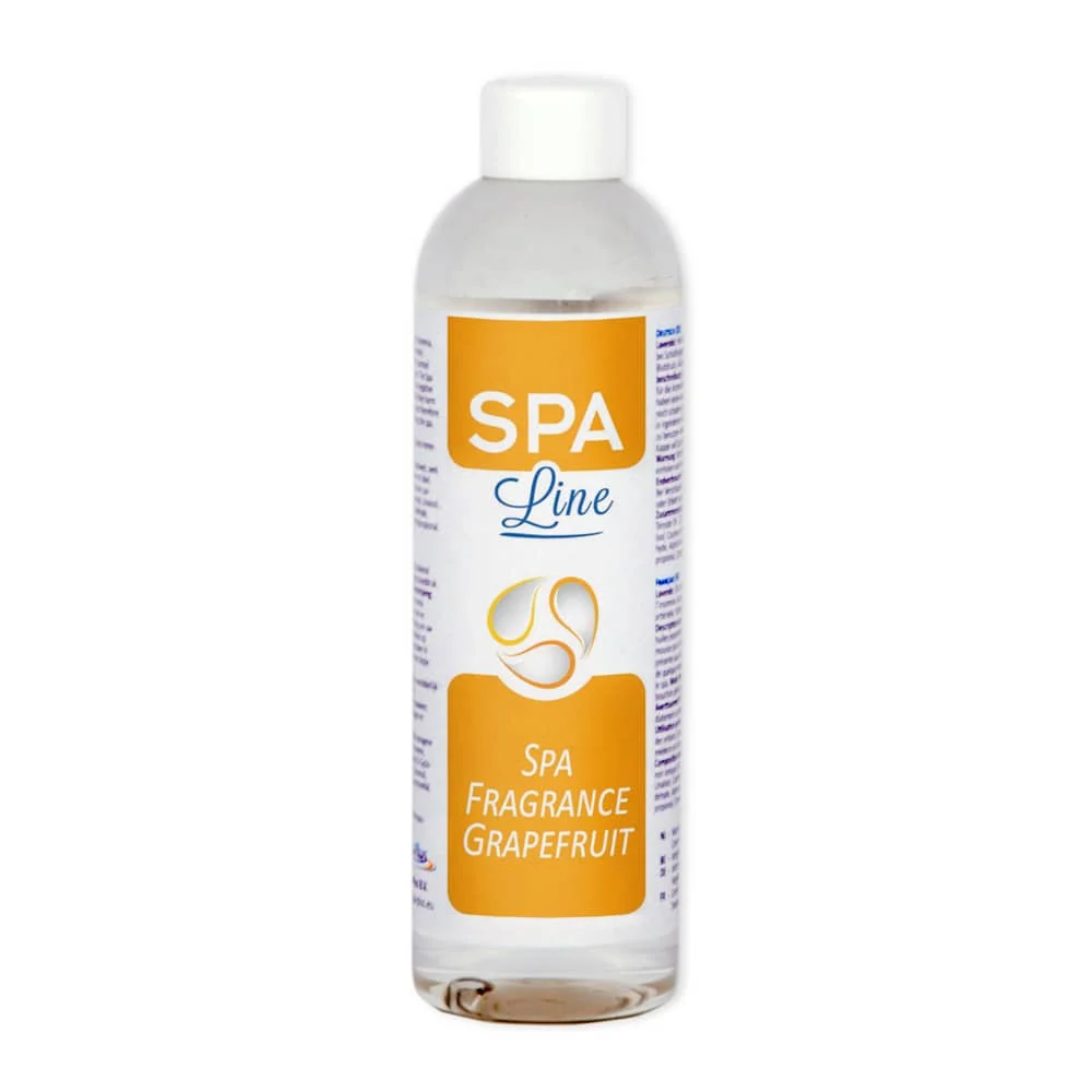 Flacon transparent cu capac alb, etichetă albă și galbenă, inscripționată cu "SPA Line" și "SPA FRAGRANCE GRAPEFRUIT", conținut lichid clar, design simplu, destinat aromaterapiei pentru jacuzzi.